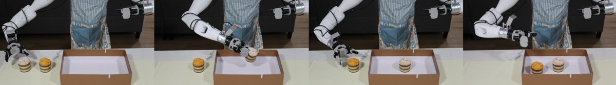 Four frames of a demonstration: the robot picks up two cakes one after the other and places them in a box