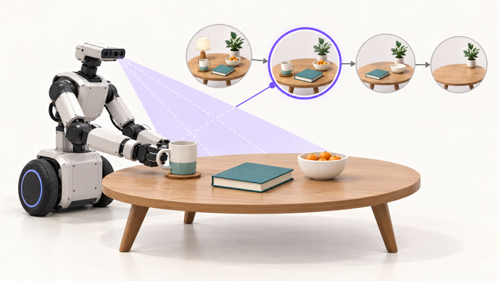 A robot looks at a coffee table and matches what it sees to one stage in a sequence of table states