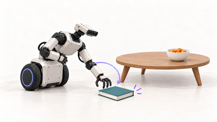 A robot reaches down to pick up a book that fell off the coffee table and try again