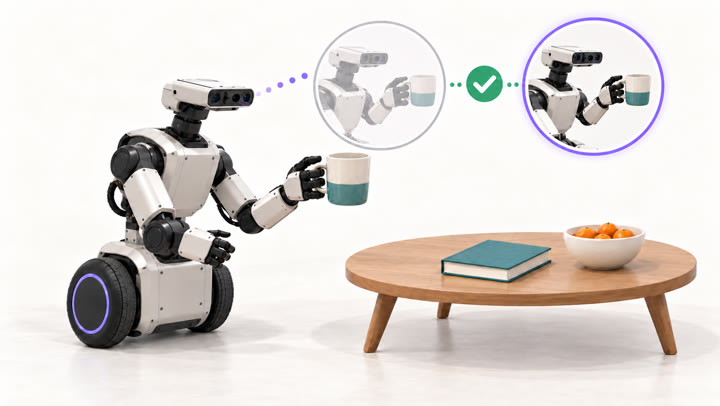 A robot holding a cup compares the expected result with what it observes and confirms they match